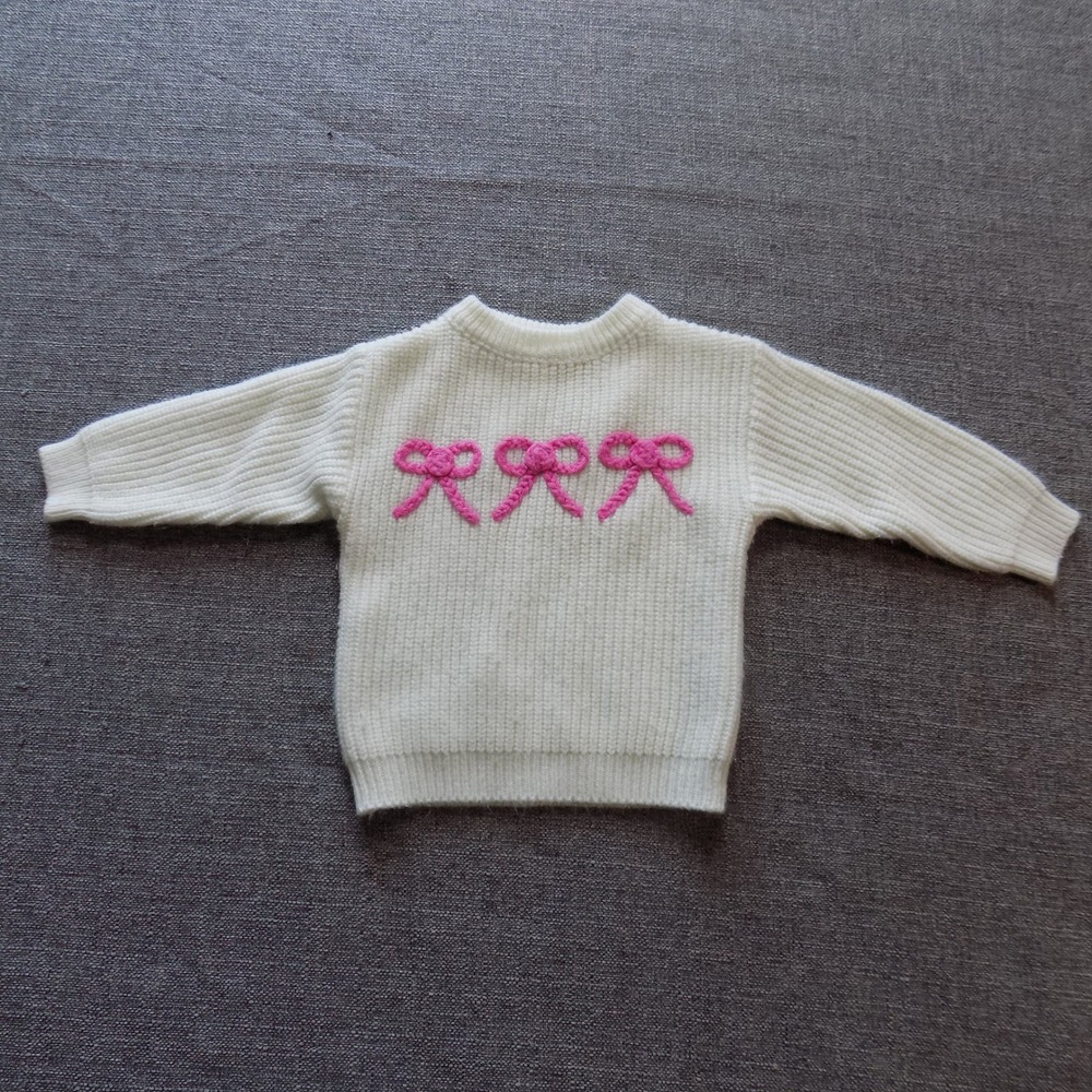 Unbranded Knit Sweater Kids 18-24M White Good Crochet Pink Bows Coquette Ribbed